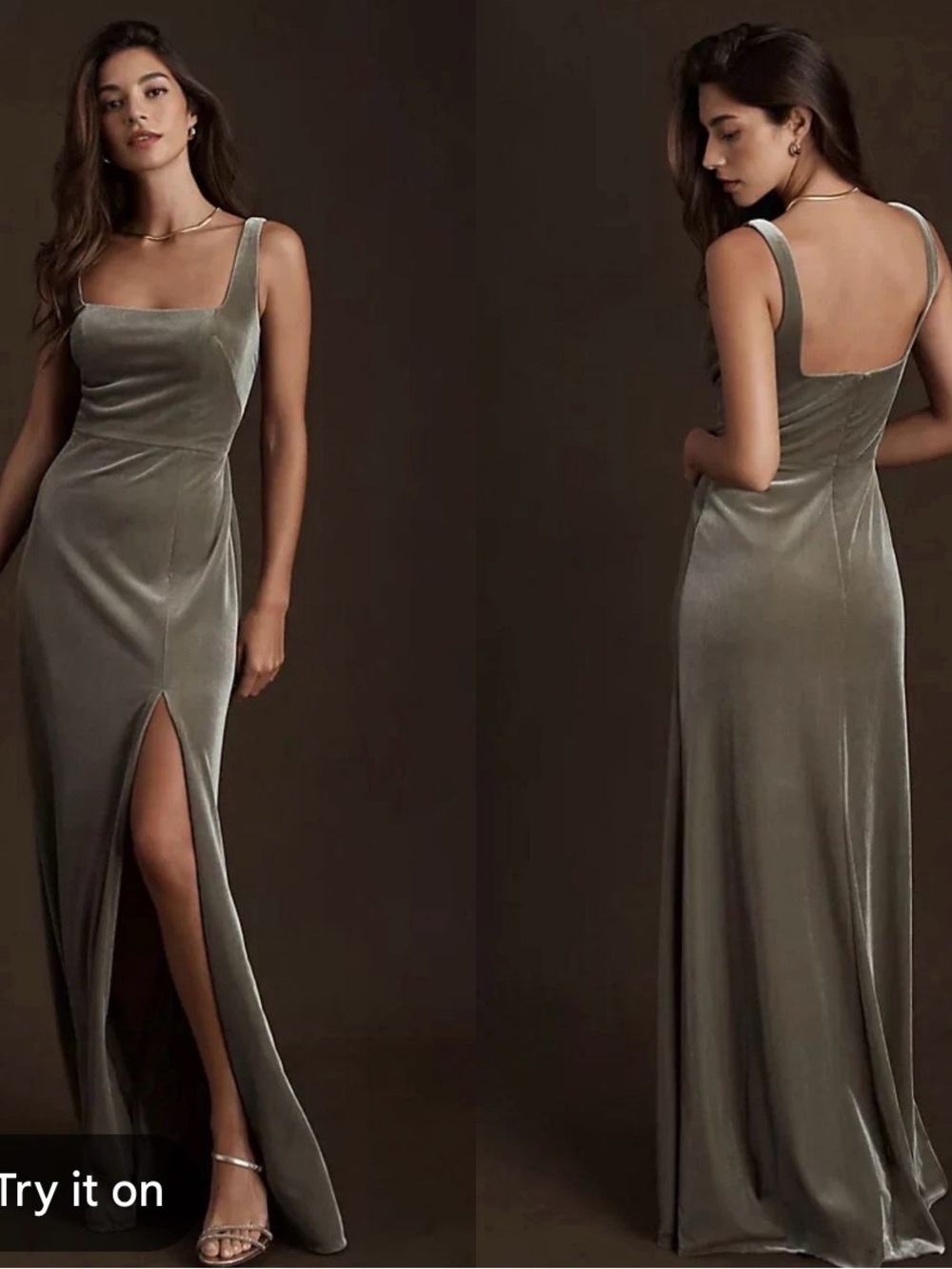 Jenny Yoo BHLDN Mara Stretch Velvet Maxi Dress Green High Slit Square Neck Sz 6